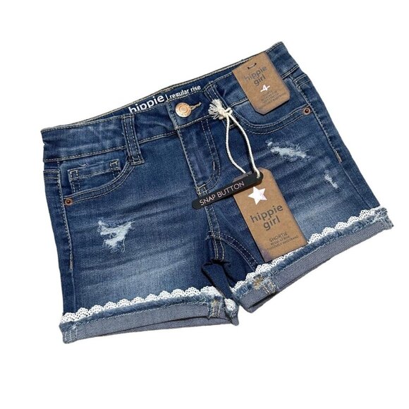 Hippie Girl NWT Girl Size 4 Shortie Reg Rise‎ Stretch Lace Trim Jean Shorts - Picture 1 of 5